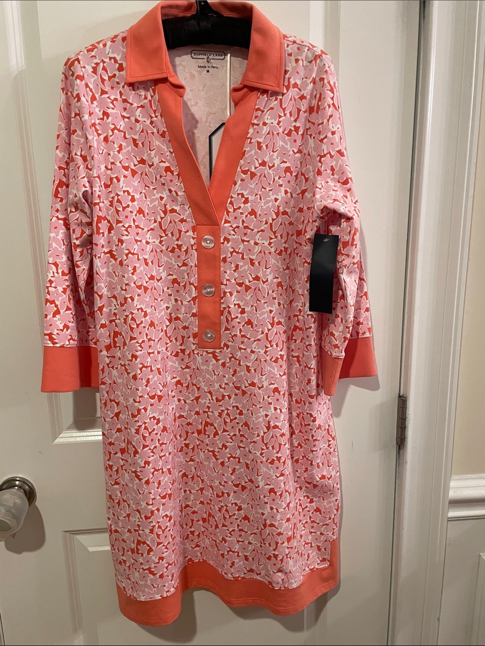 Duffield Lane Coral & White Floral Collared Tunic Dress, Medium NWT